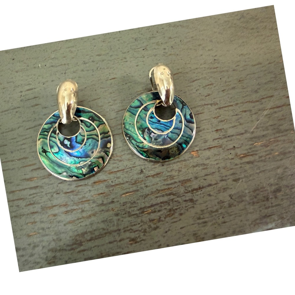 Vintage Iridescent Enamel Round Disc Clip On Earring Blue Green Artisan Jewelry